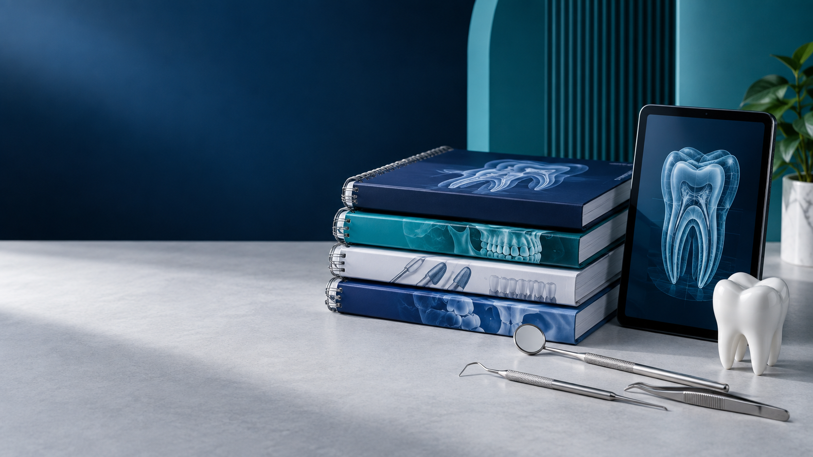 Premium dental study guides, tablet and dental instruments in a modern studio